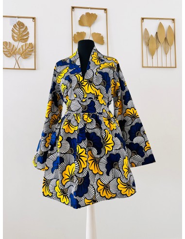 Ensemble kimono et jupe taille haute - En wax - Bleu et jaune acheter