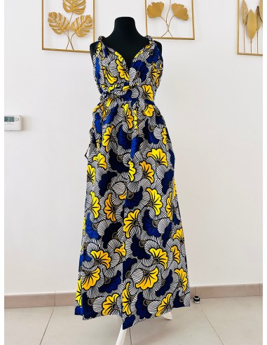 Robe Convertible en wax - Fleurs jaunes et bleues est présent 